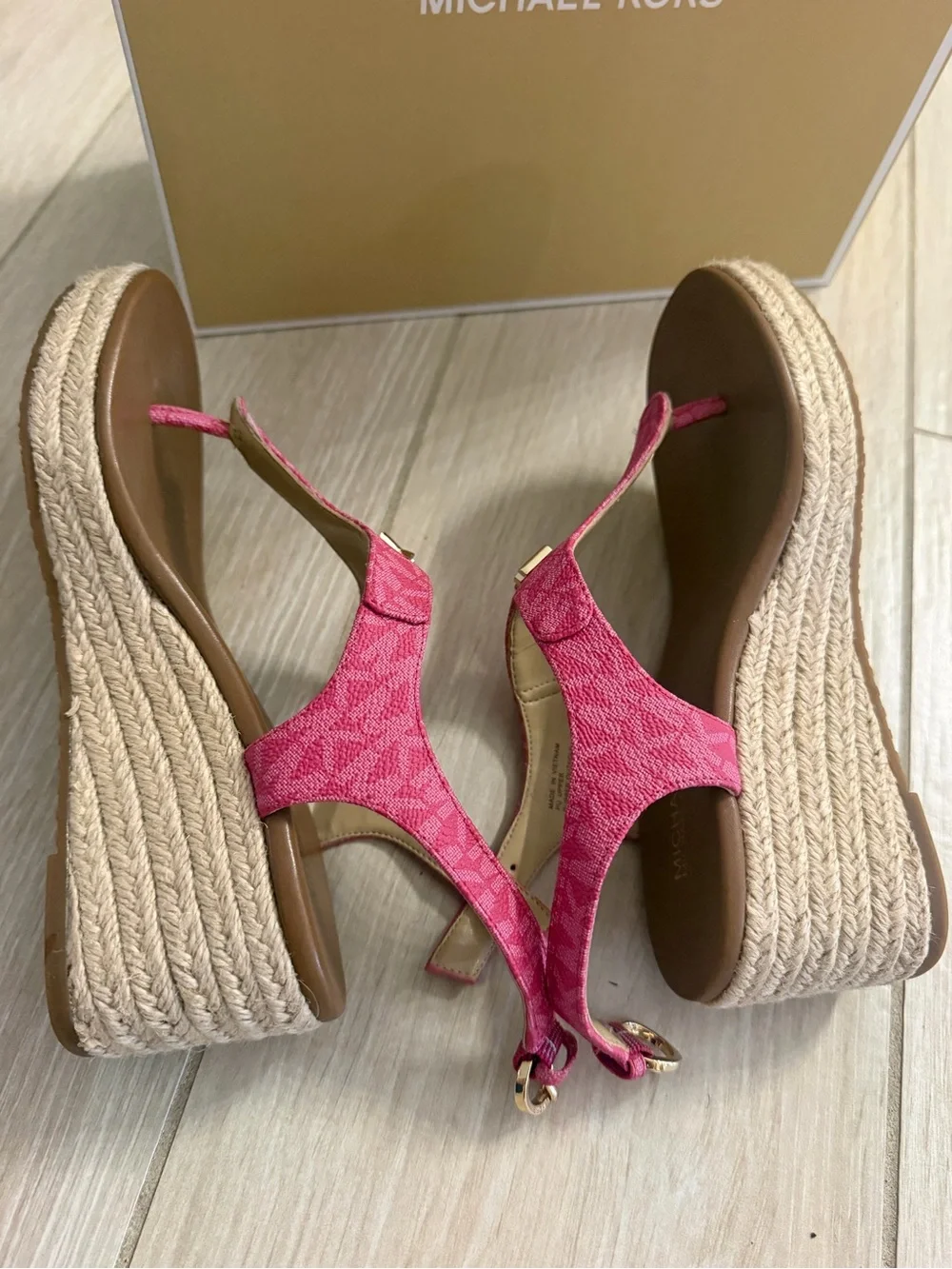 Michael Kors Pink Logo Wedge Thong Sandals